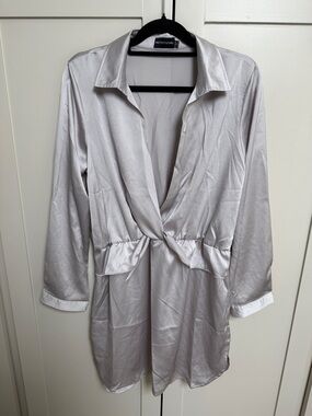 PrettyLittleThing Silver Satin Twist-Front Mini Dress